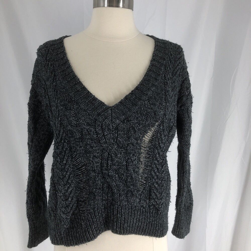 Express Women's XS Gray Chunky Cable Knit Sweater V-Neck